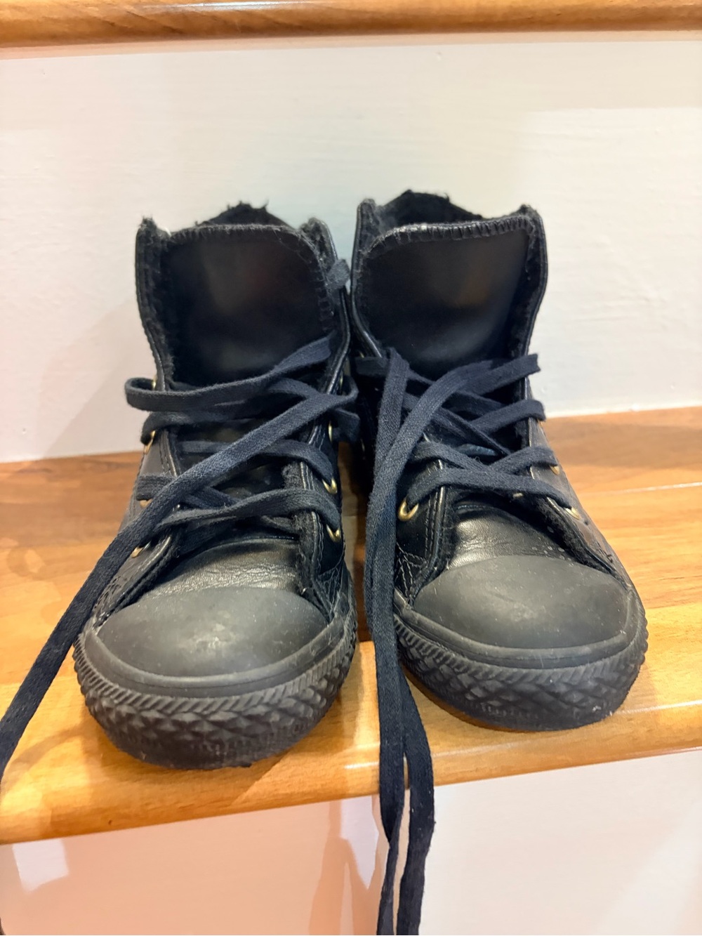 Converse Kids Leather Black High-Top Lined Sneakers with Gold Eyelets